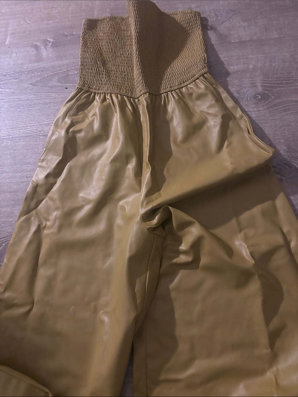 Anthropologie Mustard Faux Leather High-Waist Wide-Leg Jumpsuit
